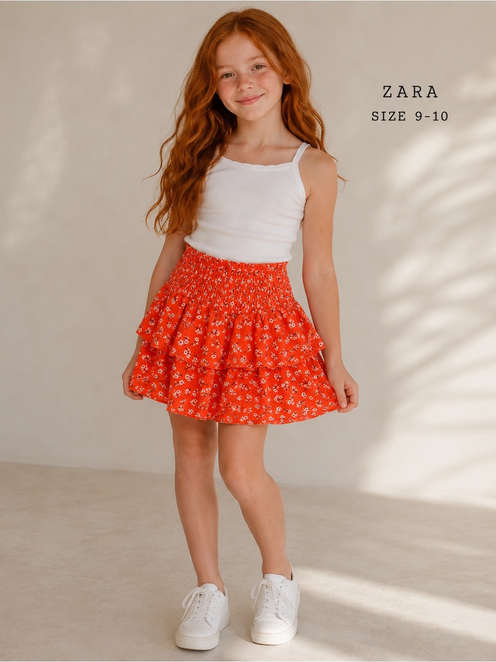 Zara Girls 9-10 Orange Floral Tiered Ruffle Skort Boho Summer